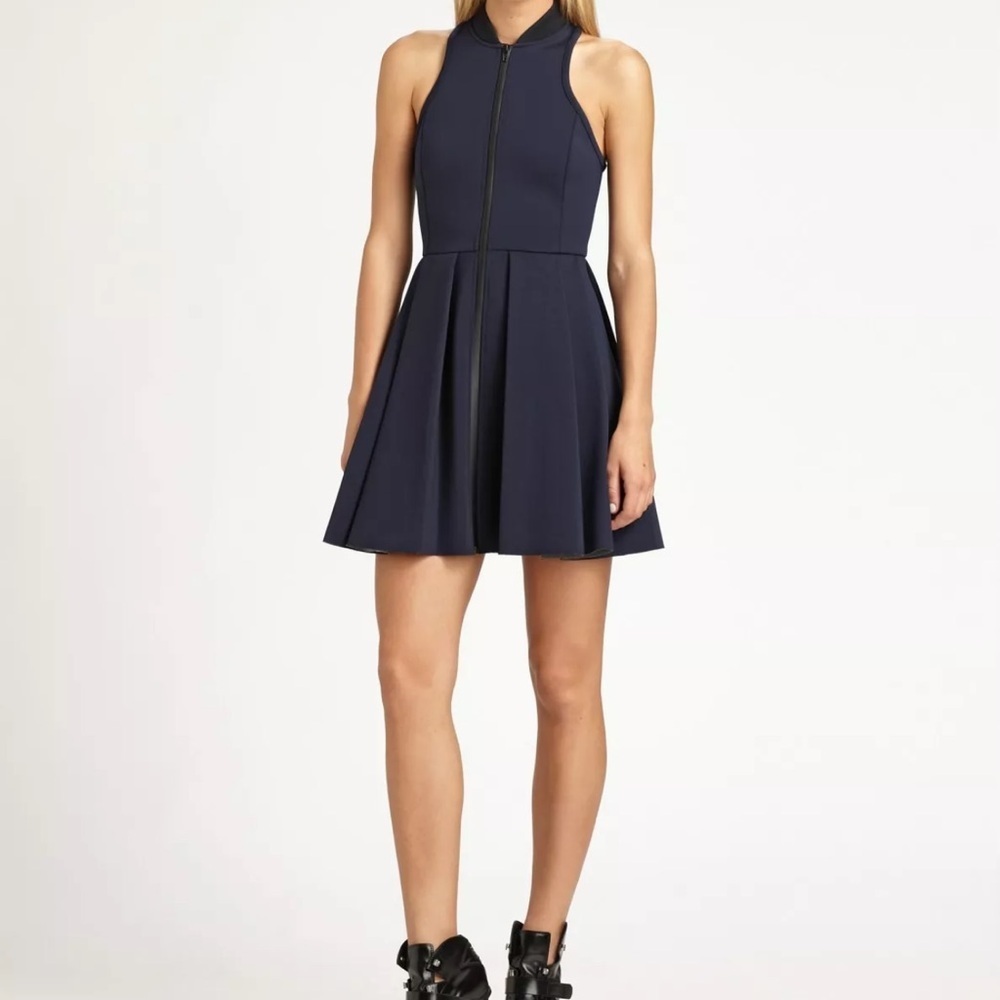 T‎ by Alexander Wang Pleated Neoprene Scuba Dress dark blue full zip front Sz L